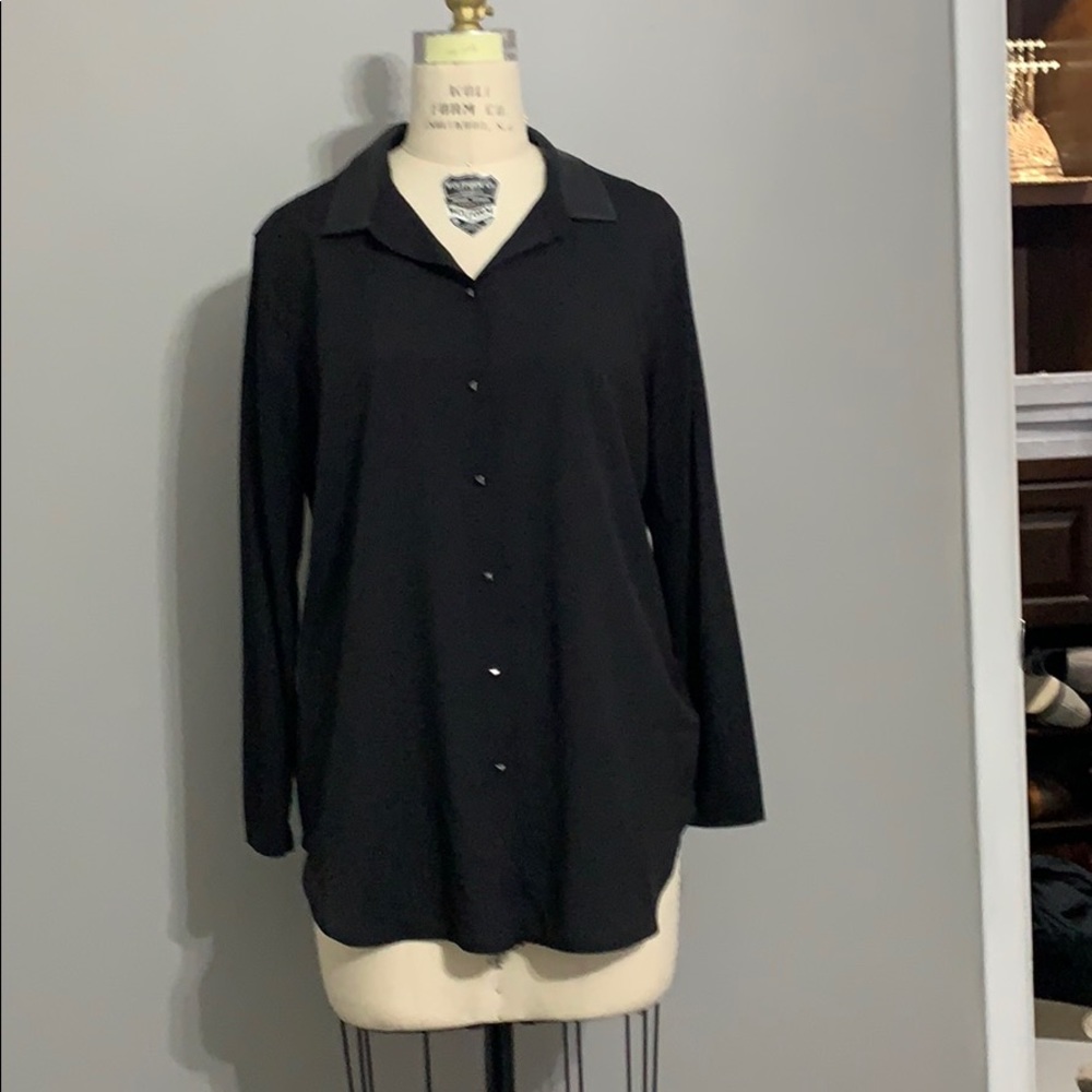 H&M black blouse with faux leather collar M